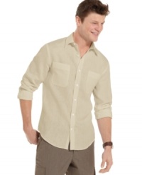 Go ahead, roll up your sleeves. This linen shirt from Perry Ellis puts you on an instant vacation. Go ahead, roll up your sleeves. This linen shirt from Perry Ellis puts you on an instant vacation.