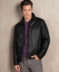 If classy and laid-back is the look you're going for, this leather jacket from Perry Ellis is your answer. If classy and laid-back is the look you're going for, this leather jacket from Perry Ellis is your answer.