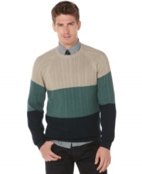 Layer your layers. Colorblocked stripes make this Perry Ellis a first-rate fall sweater from Perry Ellis. (Clearance)