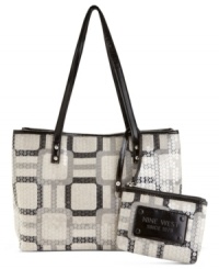 Vegas baby! Why keep things under wraps when you can showcase this shimmery-chic silhouette from Nine West. Dressed to delight in cool geometric jacquard with sequin overlay, it's the perfect badda-bling bag. Vegas baby! Why keep things under wraps when you can showcase this shimmery-chic silhouette from Nine West. Dressed to delight in cool geometric jacquard with sequin overlay, it's the perfect badda-bling bag.