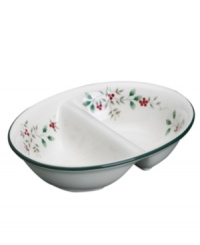 Double up on healthy sides with the Winterberry divided vegetable bowl. A classic holly print and sections for peas and carrots or green beans and beets offers festive variety. Double up on healthy sides with the Winterberry divided vegetable bowl. A classic holly print and sections for peas and carrots or green beans and beets offers festive variety.