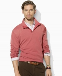 A perfect lightweight layer for transitioning the seasons, this weathered fleece pullover is designed with a handsomely buttoned mock-neck collar. A perfect lightweight layer for transitioning the seasons, this weathered fleece pullover is designed with a handsomely buttoned mock-neck collar.