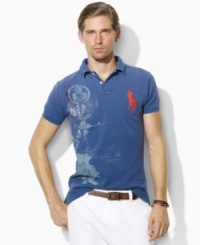 Crafted in a trim, modern fit from breathable cotton mesh, a short-sleeved polo shirt gets a bold update with an expedition-inspired graphic print. Crafted in a trim, modern fit from breathable cotton mesh, a short-sleeved polo shirt gets a bold update with an expedition-inspired graphic print.