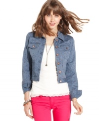 This season's favorite denim jacket is all about cool details! American Rag gets in on the action, creating a style that packs the prettiest style punch thanks to an awesome floral print. This season's favorite denim jacket is all about cool details! American Rag gets in on the action, creating a style that packs the prettiest style punch thanks to an awesome floral print.