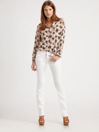 Tropical palm trees pop on this airy silk design tailored for a slimmer, feminine fit.Point collarLong sleevesChest pocketsButton-down placketHem longer in backBack box pleatAbout 28 from shoulder to hemSilkDry cleanImportedModel shown is 5'8½ (174cm) wearing US size Small. Tropical palm trees pop on this airy silk design tailored for a slimmer, feminine fit.Point collarLong sleevesChest pocketsButton-down placketHem longer in backBack box pleatAbout 28 from shoulder to hemSilkDry cleanImportedModel shown is 5'8½ (174cm) wearing US size Small.