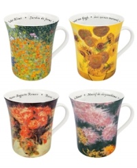 A fresh cup is always in reach with Les Fleurs Chez mugs by Konitz. Landscapes by Klimt, van Gogh, Renoir and Monet are recreated in easy-care porcelain you can appreciate every day. A fresh cup is always in reach with Les Fleurs Chez mugs by Konitz. Landscapes by Klimt, van Gogh, Renoir and Monet are recreated in easy-care porcelain you can appreciate every day.