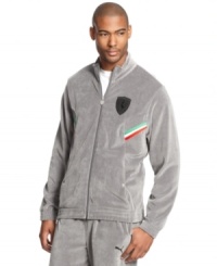 Relaxed goes a little luxe with this sharp velour Ferrari track jacket from Puma. Relaxed goes a little luxe with this sharp velour Ferrari track jacket from Puma.