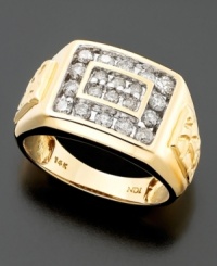 Sure to be a favorite. This stunning ring features round-cut diamonds (1 ct. t.w.) set in gleaming 14k gold with relief embellishments. Sure to be a favorite. This stunning ring features round-cut diamonds (1 ct. t.w.) set in gleaming 14k gold with relief embellishments.