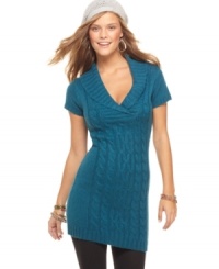 Pink Rose's fitted sweater dress has a sleek fit with classic cable knit styling. Pair it with tights and peep-toe booties for an adorable cold-weather outfit. Pink Rose's fitted sweater dress has a sleek fit with classic cable knit styling. Pair it with tights and peep-toe booties for an adorable cold-weather outfit.