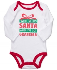 Give grandma props when you put him in this adorable Christmas-inspired bodysuit from Carter's. Give grandma props when you put him in this adorable Christmas-inspired bodysuit from Carter's.