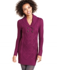 Snuggle-up in Pink Rose's cable-knit sweater dress. The cozy shawl collar and winter-ready design makes this dress the perfect match to tights and a pair of tall boots. Snuggle-up in Pink Rose's cable-knit sweater dress. The cozy shawl collar and winter-ready design makes this dress the perfect match to tights and a pair of tall boots.