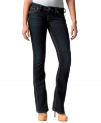Denim for the citified girl, these dark wash bootcut jeans from Silver Jeans are all about classic style. Denim for the citified girl, these dark wash bootcut jeans from Silver Jeans are all about classic style.