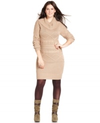 Stay cute in cooler temps with Pink Rose's long sleeve plus size sweater dress, featuring a cowl neckline cable knit. Stay cute in cooler temps with Pink Rose's long sleeve plus size sweater dress, featuring a cowl neckline cable knit.