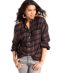 Slouchy and cool, this plaid button-down top from Angie boasts shoulder cutouts for a bit of downtown edge. Slouchy and cool, this plaid button-down top from Angie boasts shoulder cutouts for a bit of downtown edge.