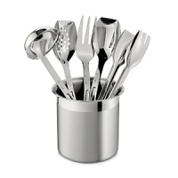 Conveniently sized for cooking and serving, this assortment of essential kitchen tools from All-Clad are displayed in a durable brushed-steel caddy for easy access and organization. Conveniently sized for cooking and serving, this assortment of essential kitchen tools from All-Clad are displayed in a durable brushed-steel caddy for easy access and organization.