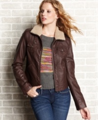 A faux-leather moto that serves up hot style, Levi's Etta jacket flaunts a sherpa-lined collar and loads of street-cred. A faux-leather moto that serves up hot style, Levi's Etta jacket flaunts a sherpa-lined collar and loads of street-cred.