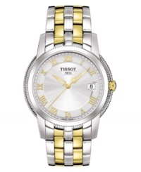 Luminous stainless steel in two soft tones meld with impeccably timeless style in this men's watch from Tissot. Silvertone stainless steel bracelet with goldtone accents. Stainless steel round case and round silvertone dial with logo, dage window and roman numeral indices. Quartz movement. Water resistant to 30 meters. Two-year limited warranty. Luminous stainless steel in two soft tones meld with impeccably timeless style in this men's watch from Tissot. Silvertone stainless steel bracelet with goldtone accents. Stainless steel round case and round silvertone dial with logo, dage window and roman numeral indices. Quartz movement. Water resistant to 30 meters. Two-year limited warranty.