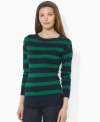 Crafted from fine-ribbed cotton for an indulgently soft feel, Lauren Jeans Co.'s versatile tee with wide stripes, a graceful boatneck and antiqued buttons at the shoulder exudes relaxed refinement. (Clearance)