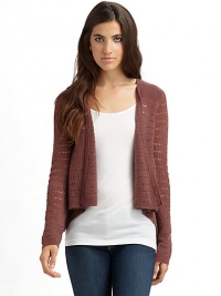 THE LOOKPointelle knit patternCascading open-front styleRibbed edgesLong sleevesTHE FITAbout 26 from shoulder to longest point of hemTHE MATERIALCashmereCARE & ORIGINDry cleanImported