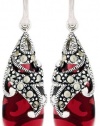 Sterling Silver Marcasite and Garnet Colored Glass Teardrop Earrings