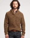 Handsome and hearty in a chunky cable knit, this heritage-infused shawl-collar sweater is crafted from a luxurious blend of wool, silk, alpaca and cashmere yarns.Shawl collarRibbed knit collar, cuffs and hem55% linen/45% cottonDry cleanImported