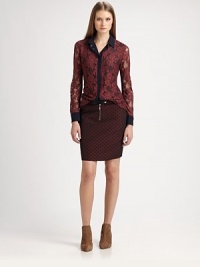 Inspired by French couture, this fitted skirt is designed with contrast trim and a dainty polka-dot print. Front snap closureExposed front zipperBack contour hemFully linedAbout 20 longPolyester/cottonDry cleanMade in FranceModel shown is 5'10 (177cm) wearing US size 4. Inspired by French couture, this fitted skirt is designed with contrast trim and a dainty polka-dot print. Front snap closureExposed front zipperBack contour hemFully linedAbout 20 longPolyester/cottonDry cleanMade in FranceModel shown is 5'10 (177cm) wearing US size 4.