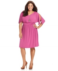 Delight from desk to dinner with Spense's flutter sleeve plus size dress, enhanced by a flattering A-line silhouette. Delight from desk to dinner with Spense's flutter sleeve plus size dress, enhanced by a flattering A-line silhouette.