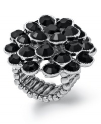 This cocktail ring is anything but dull. Style&co.'s dramatic style features round-cut jet glass stones in rhodium-plated mixed metal. Ring stretches to fit finger. This cocktail ring is anything but dull. Style&co.'s dramatic style features round-cut jet glass stones in rhodium-plated mixed metal. Ring stretches to fit finger.