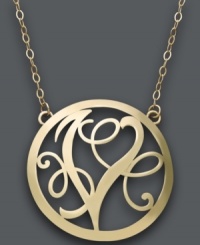 Trend setting style. This popular pendant combines a sweet scrolling design with the letter V. Circular setting and chain crafted in 14k gold. Approximate length: 17 inches. Approximate drop: 1 inch.