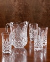 Substantial lead crystal glasses with a traditional starburst cut pattern that sparkles and shines. This beverage set is perfect for everyday iced teas, ades or punches, or for serving a sparkling round of cocktails. Includes a 52 oz. pitcher and four highball glasses.
