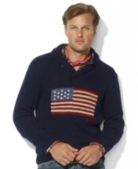 Constructed from a soft cotton blend, this handsome shawl-collar sweater salutes the flag in style. Constructed from a soft cotton blend, this handsome shawl-collar sweater salutes the flag in style.