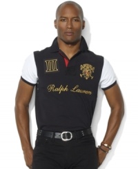 A sleek, custom-fitting polo celebrating the St. Moritz Polo World Cup on Snow has several signature touches with a scripted metallic Ralph Lauren logo and a snow polo crest. A sleek, custom-fitting polo celebrating the St. Moritz Polo World Cup on Snow has several signature touches with a scripted metallic Ralph Lauren logo and a snow polo crest.