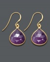 Brighten your day -- and your wardrobe -- with this regal style by Studio Silver. Pear-cut amethyst drops (12-1/2 ct. t.w.) shine in an 18k gold over sterling silver setting. Approximate drop: 1 inch.