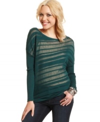 Sheer, asymmetrical stripes soar across the bodice of Jessica Simpson's irresistible pullover sweater. Sheer, asymmetrical stripes soar across the bodice of Jessica Simpson's irresistible pullover sweater.