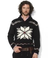 Rendered in a super-soft cotton-cashmere blend, this shawl-collar sweater salutes the season with classic knit snowflakes. Rendered in a super-soft cotton-cashmere blend, this shawl-collar sweater salutes the season with classic knit snowflakes.