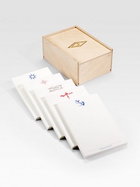 Original Charles Fradin illustrations add an aquatic touch to high-quality cotton paper, organized in five pads and housed in a gold-stamped wood box. 5 pads with 40 sheets each High-quality cotton pulp paper Box: 5W X 7¼H X 4D Pad: 4½W X 6¾ Made in USA FOR PERSONALIZATION Select a quantity, then scroll down and click on PERSONALIZE & ADD TO BAG to choose and preview your personalization options. Please allow 3 weeks for delivery. Original Charles Fradin illustrations add an aquatic touch to high-quality cotton paper, organized in five pads and housed in a gold-stamped wood box. 5 pads with 40 sheets each High-quality cotton pulp paper Box: 5W X 7¼H X 4D Pad: 4½W X 6¾ Made in USA FOR PERSONALIZATION Select a quantity, then scroll down and click on PERSONALIZE & ADD TO BAG to choose and preview your personalization options. Please allow 3 weeks for delivery.