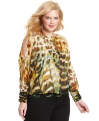 Electrify your look with Jessica Simpson's plus size printed blouse, featuring sleeve cutouts. Electrify your look with Jessica Simpson's plus size printed blouse, featuring sleeve cutouts.