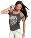 Swiss-dot lace insets add a stylish spin to this GUESS rose-print tee -- a wardrobe staple!