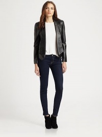 Sleek leather cut in a closely-cropped topper with an easy-fit know back.Foldover lapelShoulder stitchingWelt pocketsAbout 22 from shoulder to hemShell: leatherBack: 67% rayon/28% nylon/5% spandexDry clean by a leather specialistImportedModel shown is 5'10 (177cm) wearing US size Small. Sleek leather cut in a closely-cropped topper with an easy-fit know back.Foldover lapelShoulder stitchingWelt pocketsAbout 22 from shoulder to hemShell: leatherBack: 67% rayon/28% nylon/5% spandexDry clean by a leather specialistImportedModel shown is 5'10 (177cm) wearing US size Small.