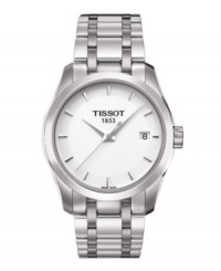Brilliant shine and a classic shape define the Couturier collection by Tissot. Watch crafted of stainless steel bracelet and round case. White dial features applied silver tone stick indices, three hands, date window at three o'clock and logo at twelve o'clock. Swiss quartz movement. Water resistant to 100 meters. Two-year limited warranty. Brilliant shine and a classic shape define the Couturier collection by Tissot. Watch crafted of stainless steel bracelet and round case. White dial features applied silver tone stick indices, three hands, date window at three o'clock and logo at twelve o'clock. Swiss quartz movement. Water resistant to 100 meters. Two-year limited warranty.