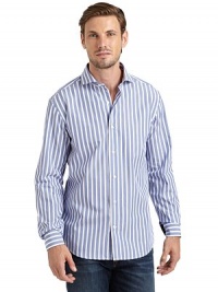 THE LOOKStriped designShirt collarFront button closureLong button cuff sleevesShirt tail hemTHE MATERIALCottonCARE & ORIGINMachine washImported THE LOOKStriped designShirt collarFront button closureLong button cuff sleevesShirt tail hemTHE MATERIALCottonCARE & ORIGINMachine washImported