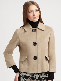 Bold buttons and a chic point collar define this timeless style.Point collarButton frontThree-quarter sleevesFlap pocketsFully linedAbout 22 from shoulder to hem65% wool/35% angoraDry cleanImported of Italian fabricModel shown is 5'11 (180cm) wearing US size 4. Bold buttons and a chic point collar define this timeless style.Point collarButton frontThree-quarter sleevesFlap pocketsFully linedAbout 22 from shoulder to hem65% wool/35% angoraDry cleanImported of Italian fabricModel shown is 5'11 (180cm) wearing US size 4.