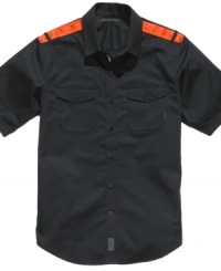 Contrasting opinions of cool. This military-inspired shirt from Sean John blasts some bold color into your regular casual style. Contrasting opinions of cool. This military-inspired shirt from Sean John blasts some bold color into your regular casual style.