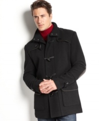 The traditional duffel coat gets a shot of twenty-first century style: X-Ray reinterprets the classic in a fingertip length with smaller toggles, elbow patches, and a detachable drawstring hood. The traditional duffel coat gets a shot of twenty-first century style: X-Ray reinterprets the classic in a fingertip length with smaller toggles, elbow patches, and a detachable drawstring hood.