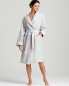 Relax in luxury! Hooded waffle robe with piqué trim on front facing, cuffs and belt.