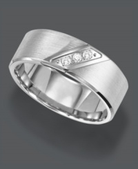 Stately design with just a hint of shine. Triton men's ring features a satin finish, white tungsten carbide band decorated with a three stone diamond design (1/10 ct. t.w.). Sizes 8-15. Stately design with just a hint of shine. Triton men's ring features a satin finish, white tungsten carbide band decorated with a three stone diamond design (1/10 ct. t.w.). Sizes 8-15.