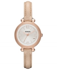 A slimmer version of their Heather collection, this Fossil watch stuns in feminine hues. A slimmer version of their Heather collection, this Fossil watch stuns in feminine hues.