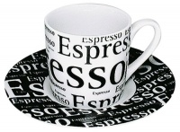 Konitz 3-Ounce Writing On White Espresso Cups and Saucers, White/Black, Set of 4 Konitz 3-Ounce Writing On White Espresso Cups and Saucers, White/Black, Set of 4