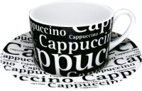 Konitzs 7-Ounce Writing On Black Cappuccino Cups and Saucers, Black/White, Set of 4 Konitzs 7-Ounce Writing On Black Cappuccino Cups and Saucers, Black/White, Set of 4