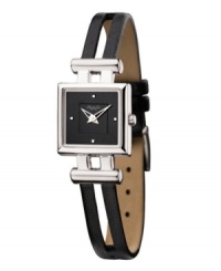 Watch out for great style. Pretty black leather strap and stainless steel case. Black dial with logo and silvertone accents. Two hands. Quartz movement. Water resistant to 30 meters. Watch out for great style. Pretty black leather strap and stainless steel case. Black dial with logo and silvertone accents. Two hands. Quartz movement. Water resistant to 30 meters.